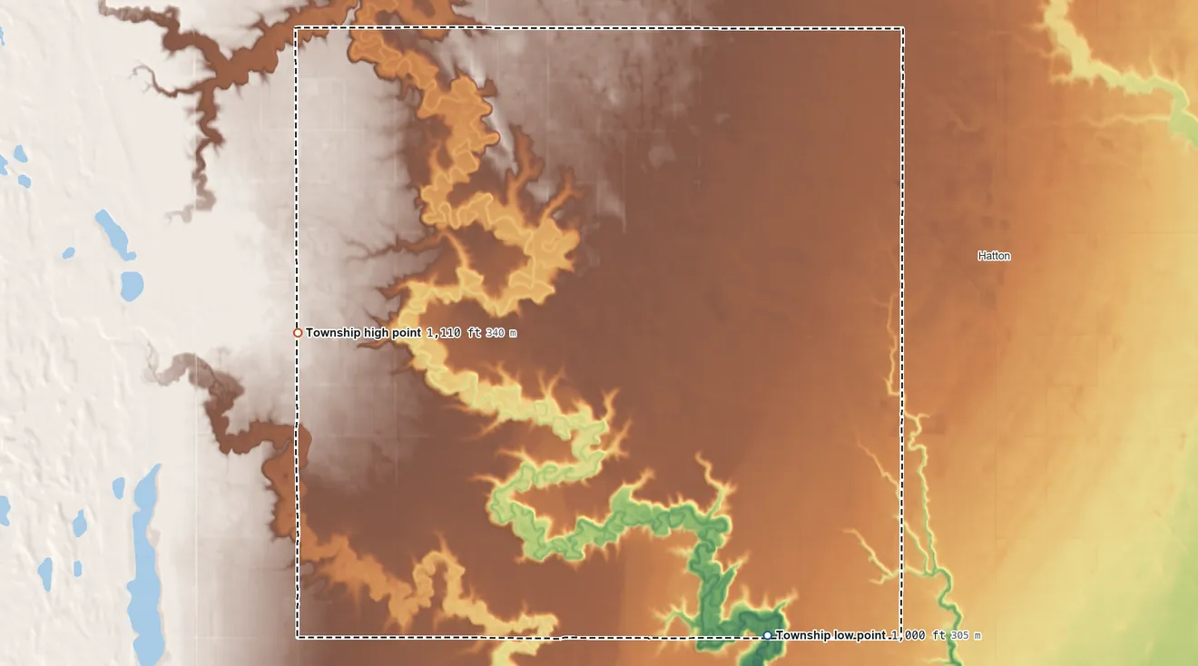 Topographic elevation map of Newburgh Township, North Dakota, shaded from 1,000 ft on the southeast side to 1,110 ft on the west side