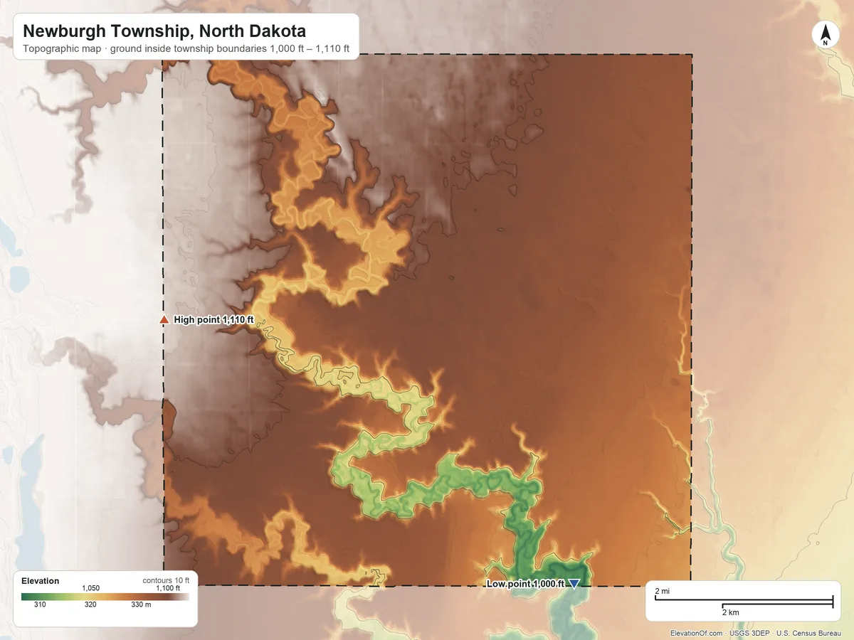 Topographic elevation map of Newburgh Township, North Dakota, shaded from 1,000 ft on the southeast side to 1,110 ft on the west side