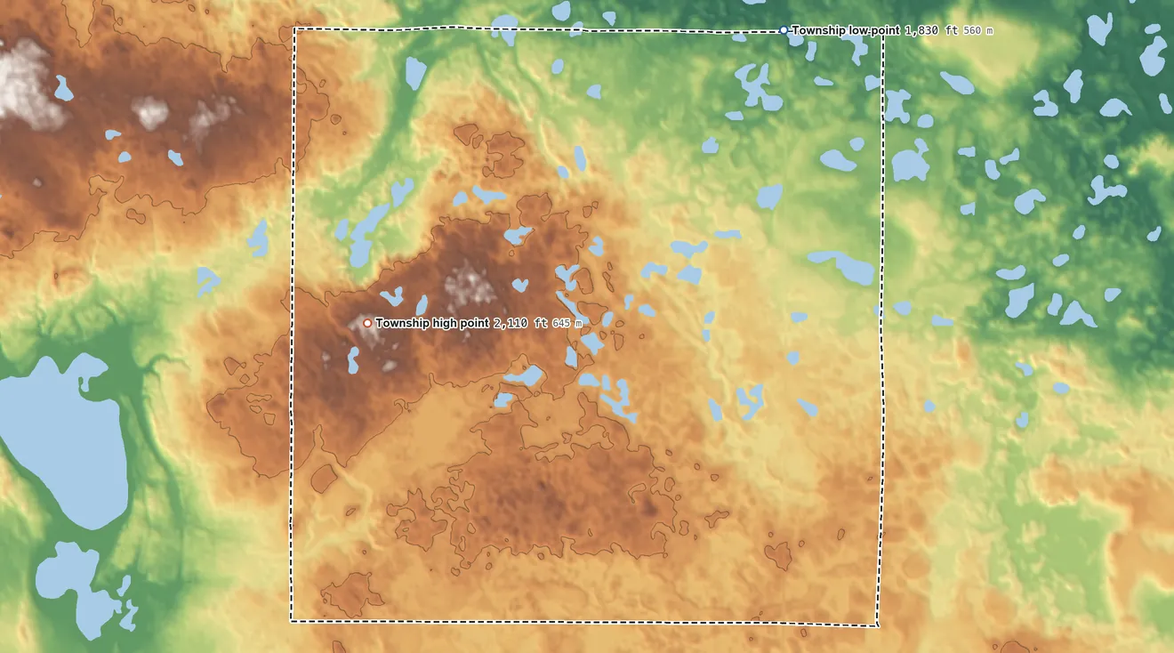 Topographic elevation map of Newbury Township, North Dakota, shaded from 1,830 ft on the north side to 2,110 ft on the northwest side