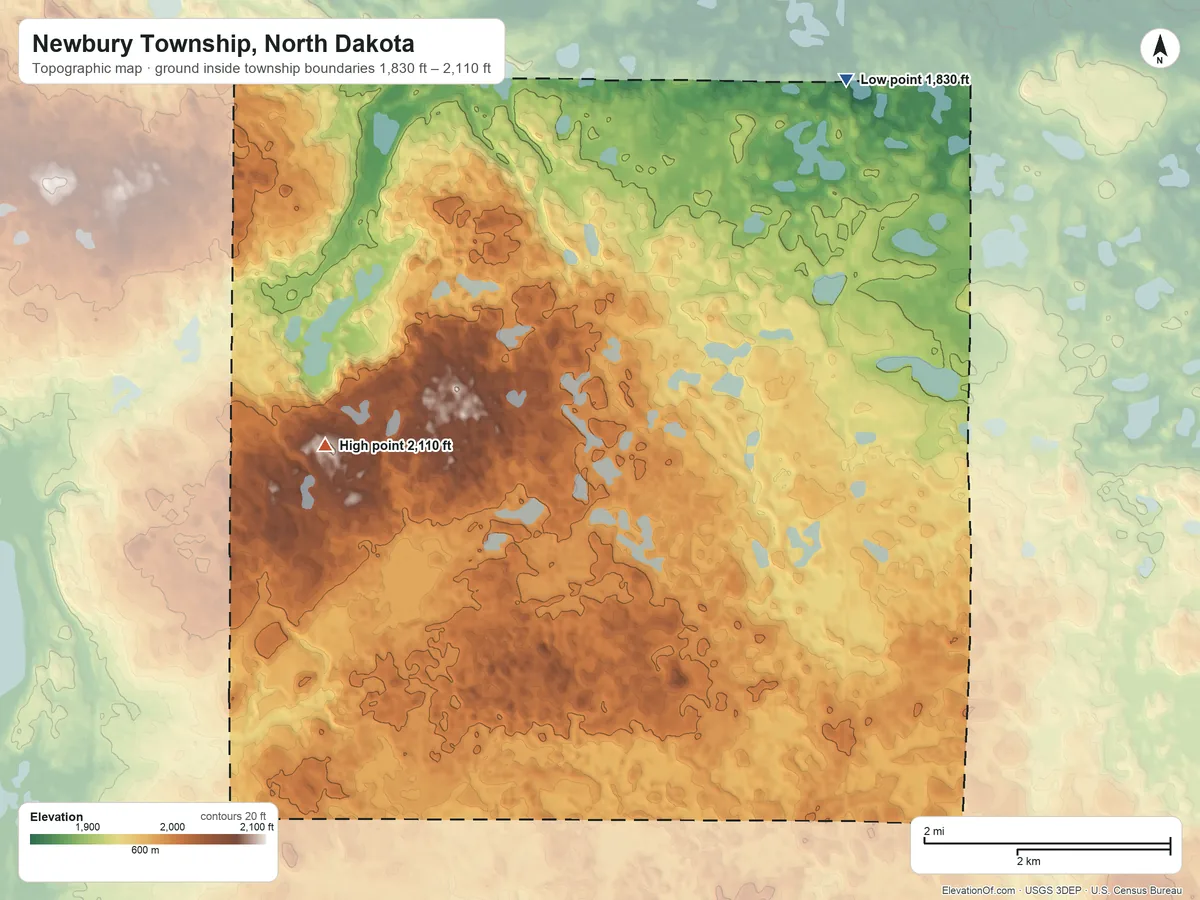 Topographic elevation map of Newbury Township, North Dakota, shaded from 1,830 ft on the north side to 2,110 ft on the northwest side