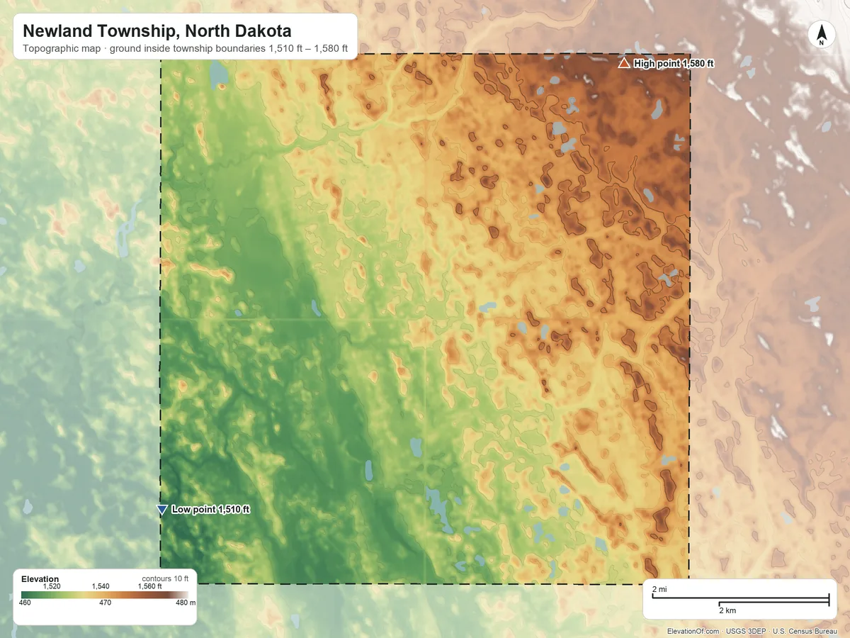 Topographic elevation map of Newland Township, North Dakota, shaded from 1,510 ft on the southwest side to 1,580 ft on the north side