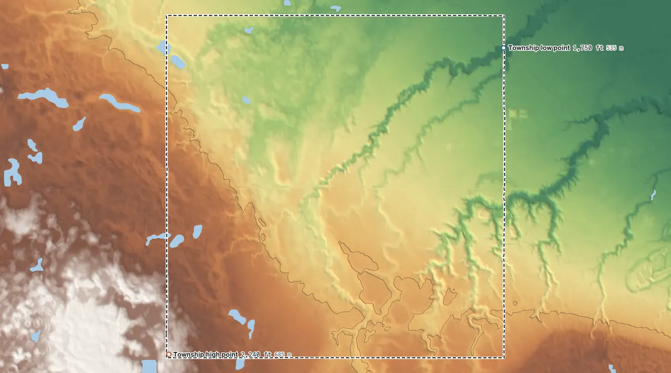 Topographic elevation map of Newman Township, North Dakota, shaded from 1,750 ft on the northeast side to 2,240 ft on the southwest side