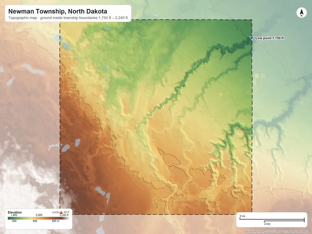 Topographic elevation map of Newman Township, North Dakota, shaded from 1,750 ft on the northeast side to 2,240 ft on the southwest side