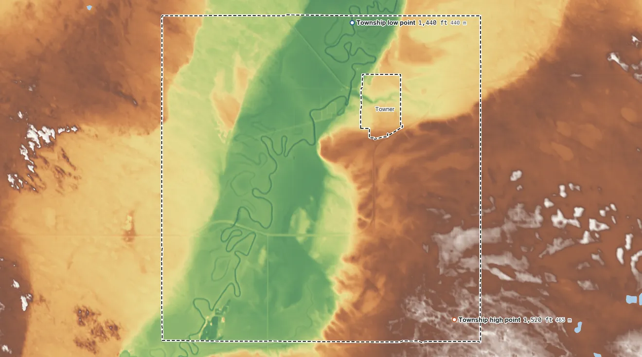 Topographic elevation map of Newport Township, North Dakota, shaded from 1,440 ft on the northwest side to 1,520 ft on the south side