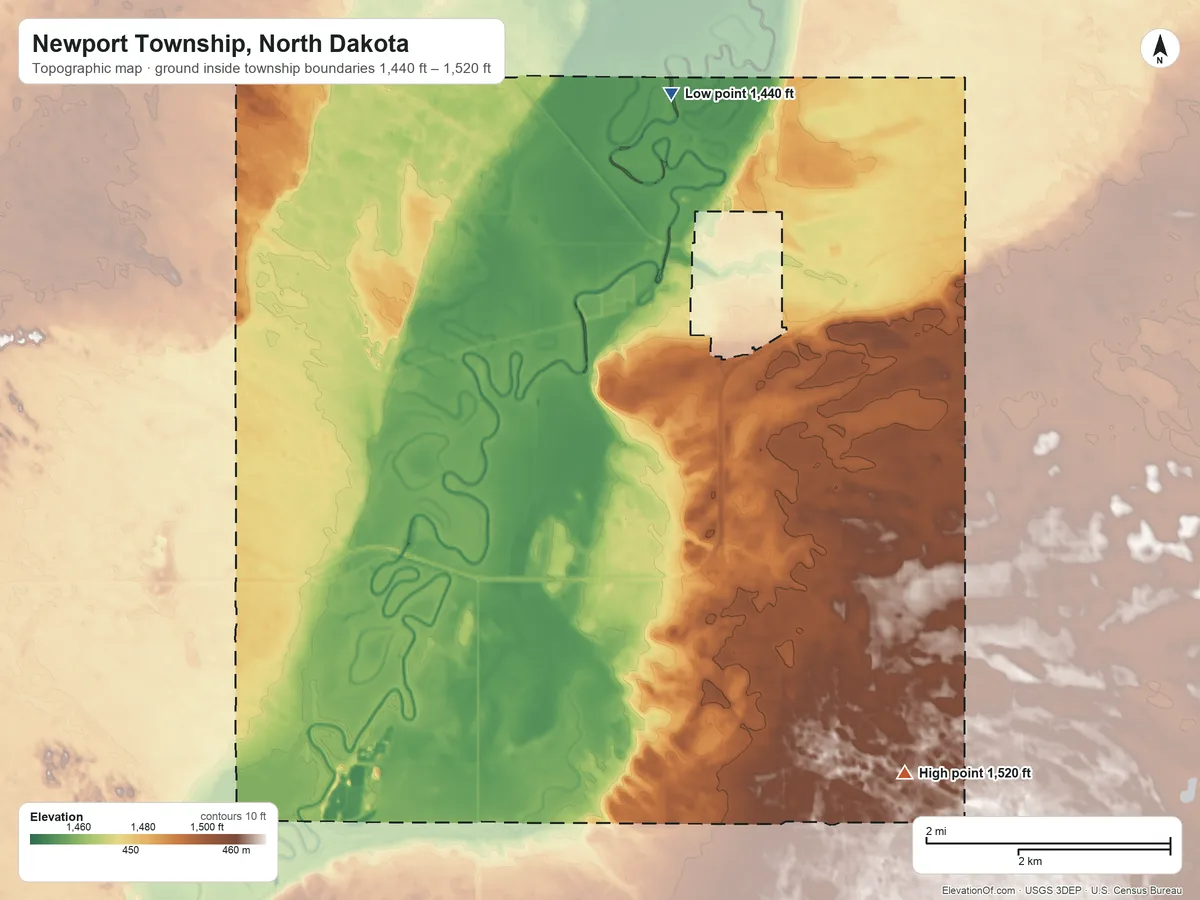 Topographic elevation map of Newport Township, North Dakota, shaded from 1,440 ft on the northwest side to 1,520 ft on the south side