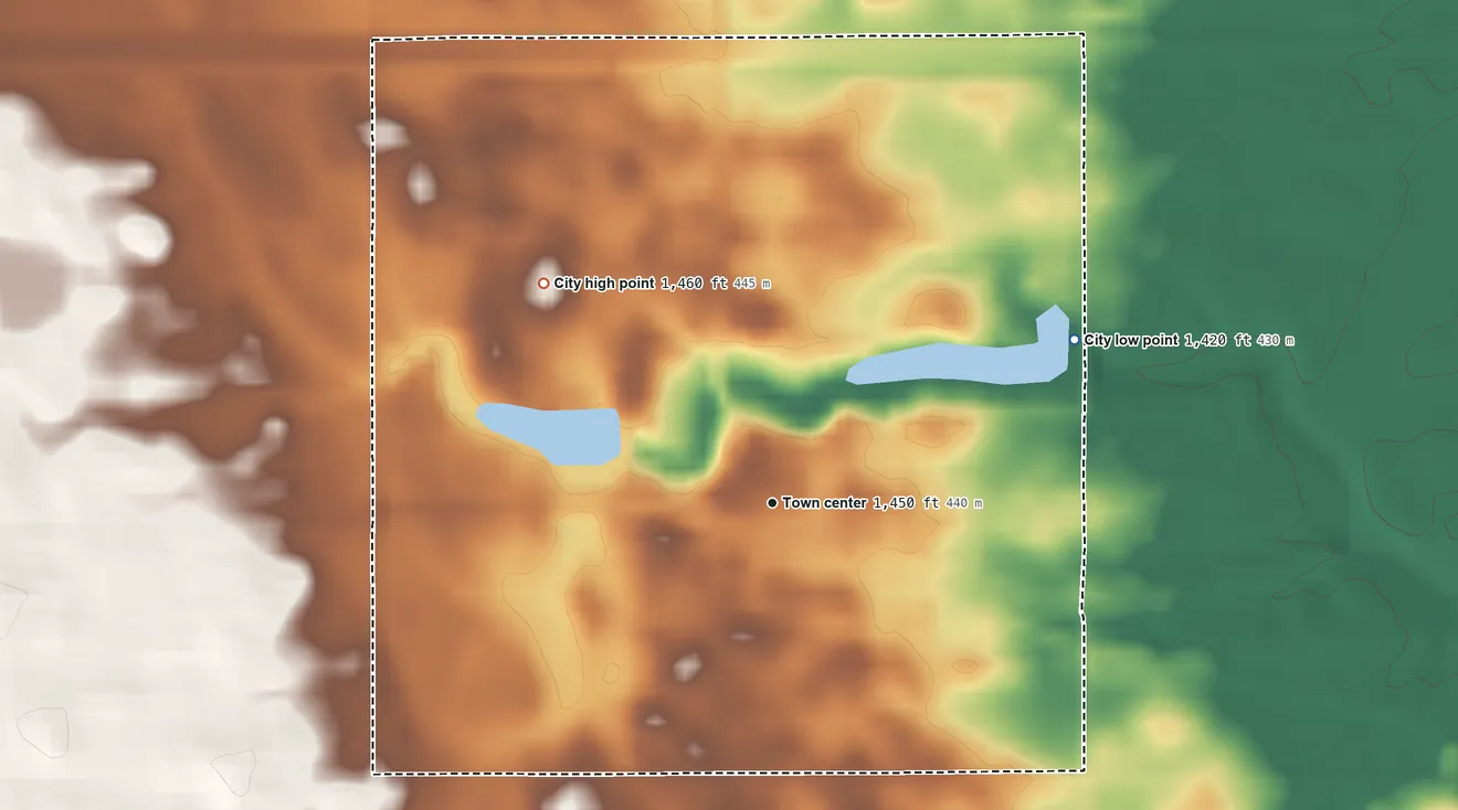 Topographic elevation map of Niagara, North Dakota, shaded from 1,420 ft on the northeast side to 1,460 ft on the northwest side