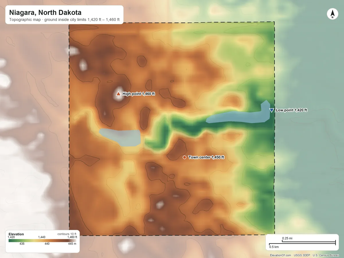 Topographic elevation map of Niagara, North Dakota, shaded from 1,420 ft on the northeast side to 1,460 ft on the northwest side