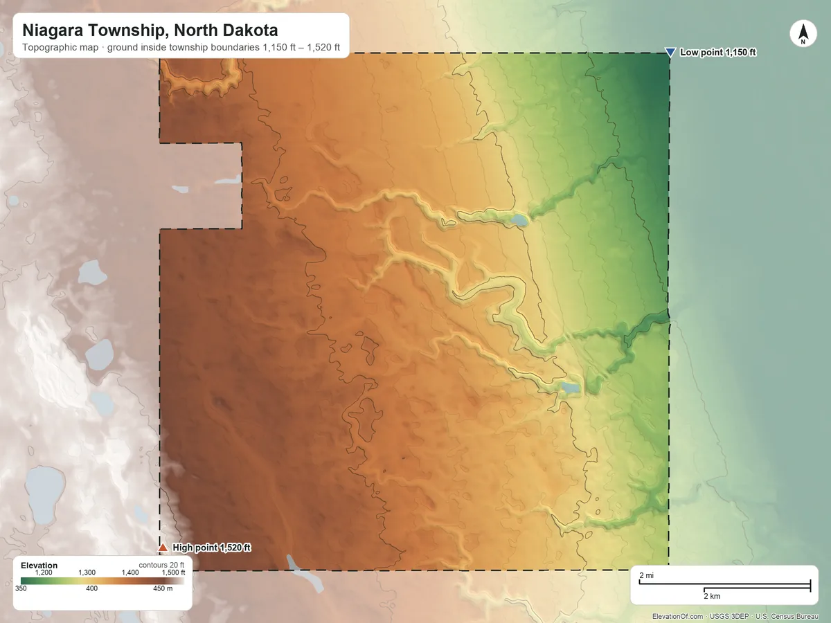 Topographic elevation map of Niagara Township, North Dakota, shaded from 1,150 ft on the northeast side to 1,520 ft on the southwest side