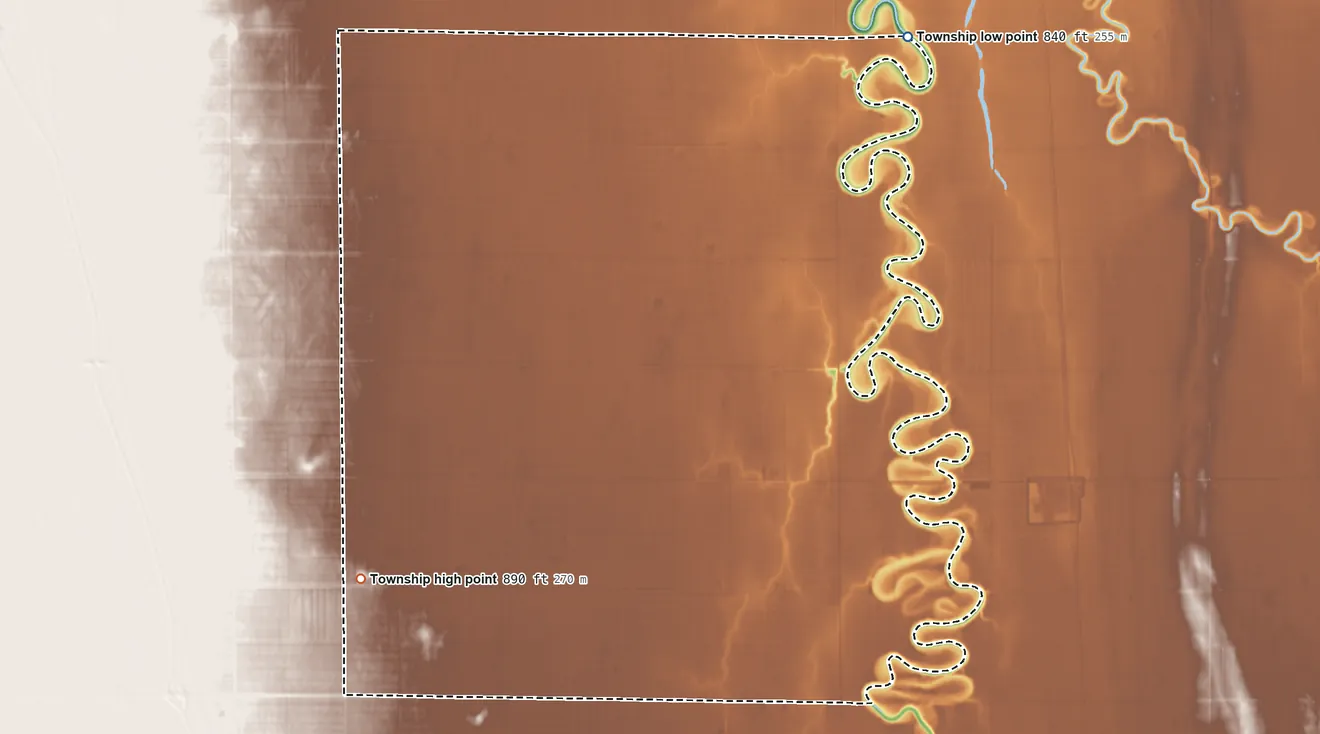 Topographic elevation map of Noble Township, North Dakota, shaded from 840 ft on the northeast side to 890 ft on the southwest side
