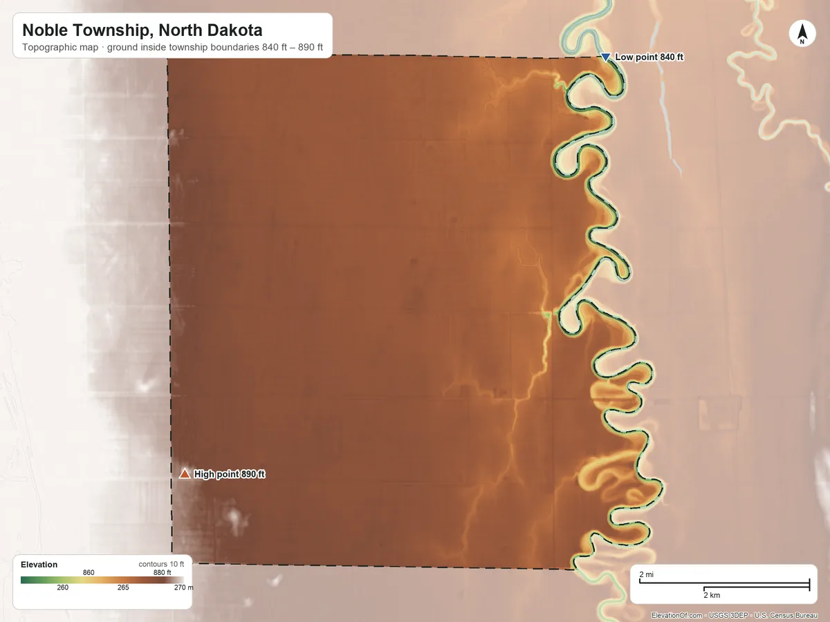 Topographic elevation map of Noble Township, North Dakota, shaded from 840 ft on the northeast side to 890 ft on the southwest side