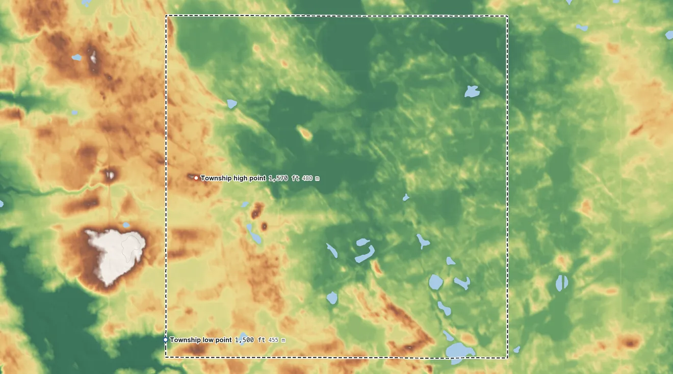 Topographic elevation map of Nogosek Township, North Dakota, shaded from 1,500 ft on the south side to 1,570 ft on the southwest side