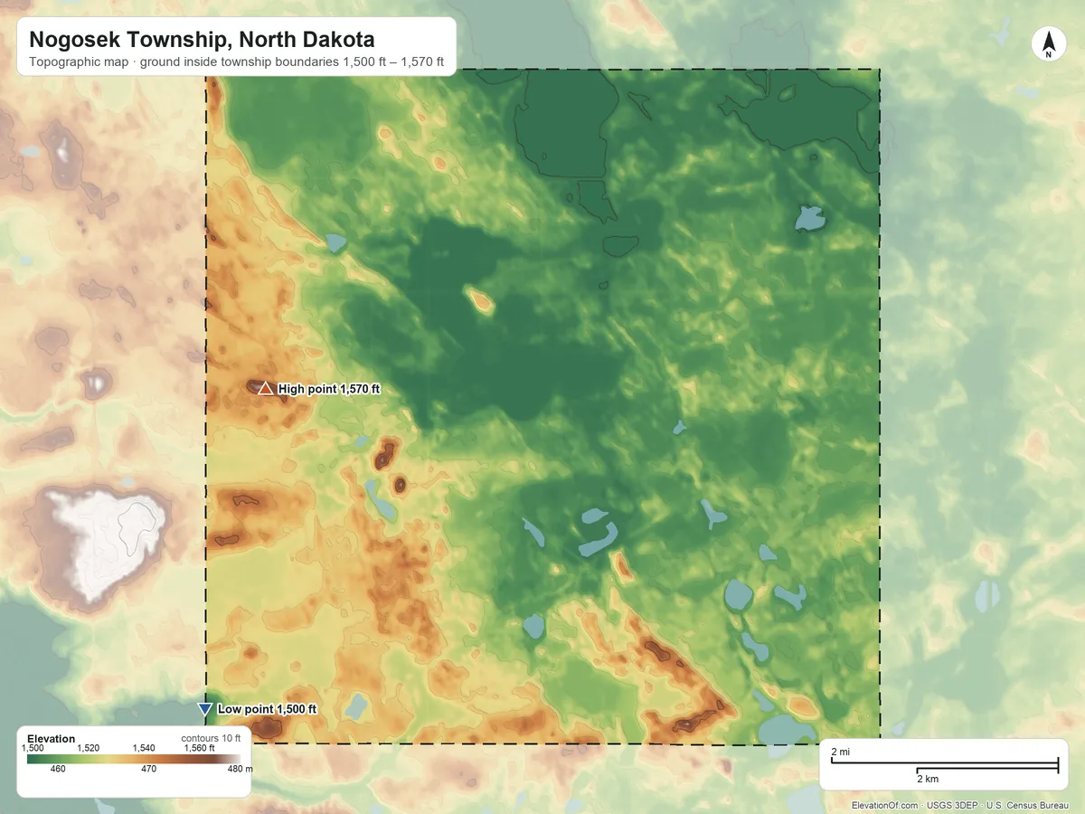 Topographic elevation map of Nogosek Township, North Dakota, shaded from 1,500 ft on the south side to 1,570 ft on the southwest side
