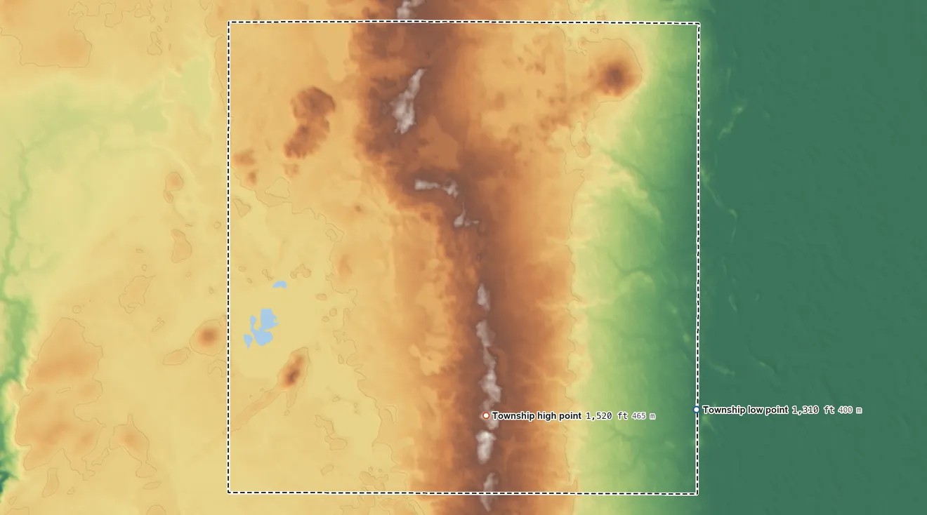 Topographic elevation map of Noltimier Township, North Dakota, shaded from 1,310 ft on the southeast side to 1,520 ft on the south side