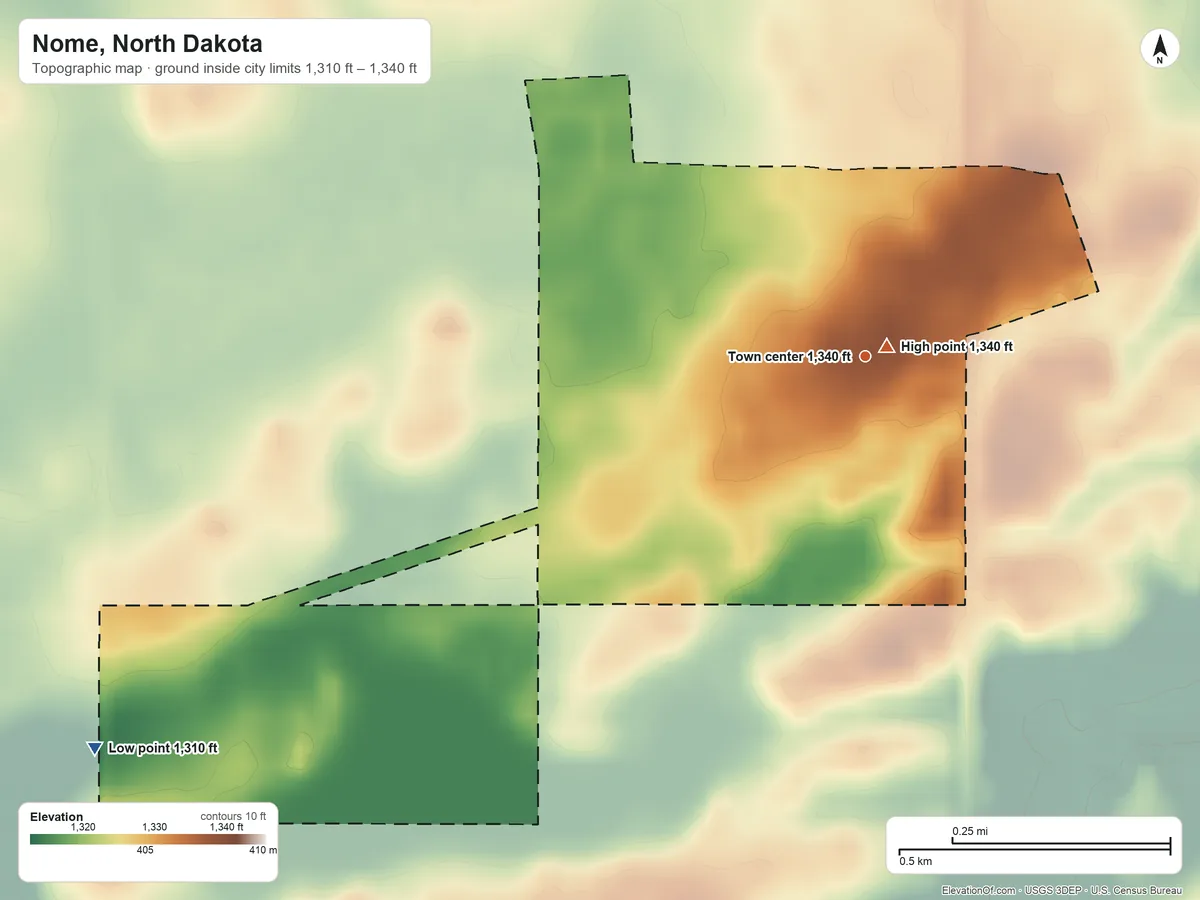 Topographic elevation map of Nome, North Dakota, shaded from 1,310 ft on the southwest side to 1,340 ft near the middle