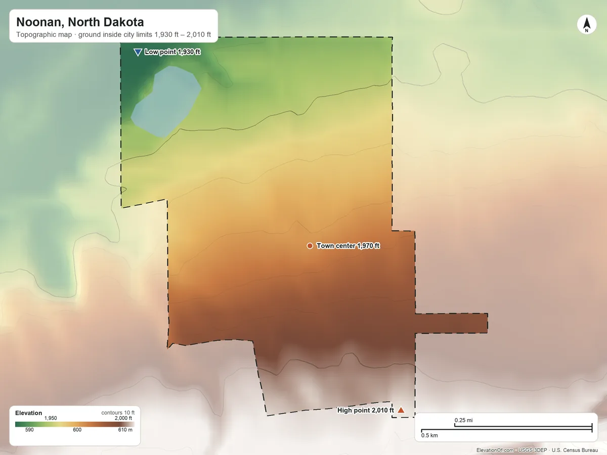 Topographic elevation map of Noonan, North Dakota, shaded from 1,930 ft on the northwest side to 2,010 ft on the southeast side