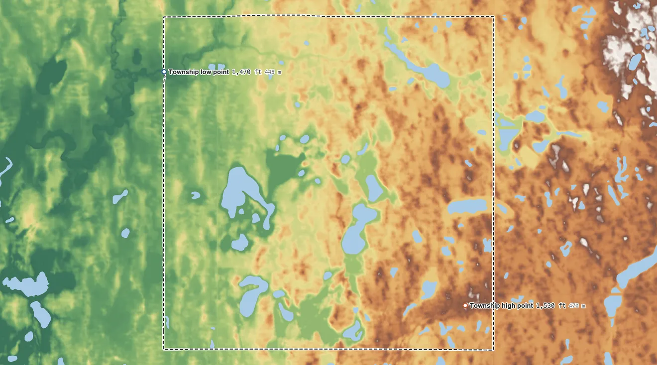 Topographic elevation map of Noonan Township, North Dakota, shaded from 1,470 ft on the northwest side to 1,530 ft on the southeast side