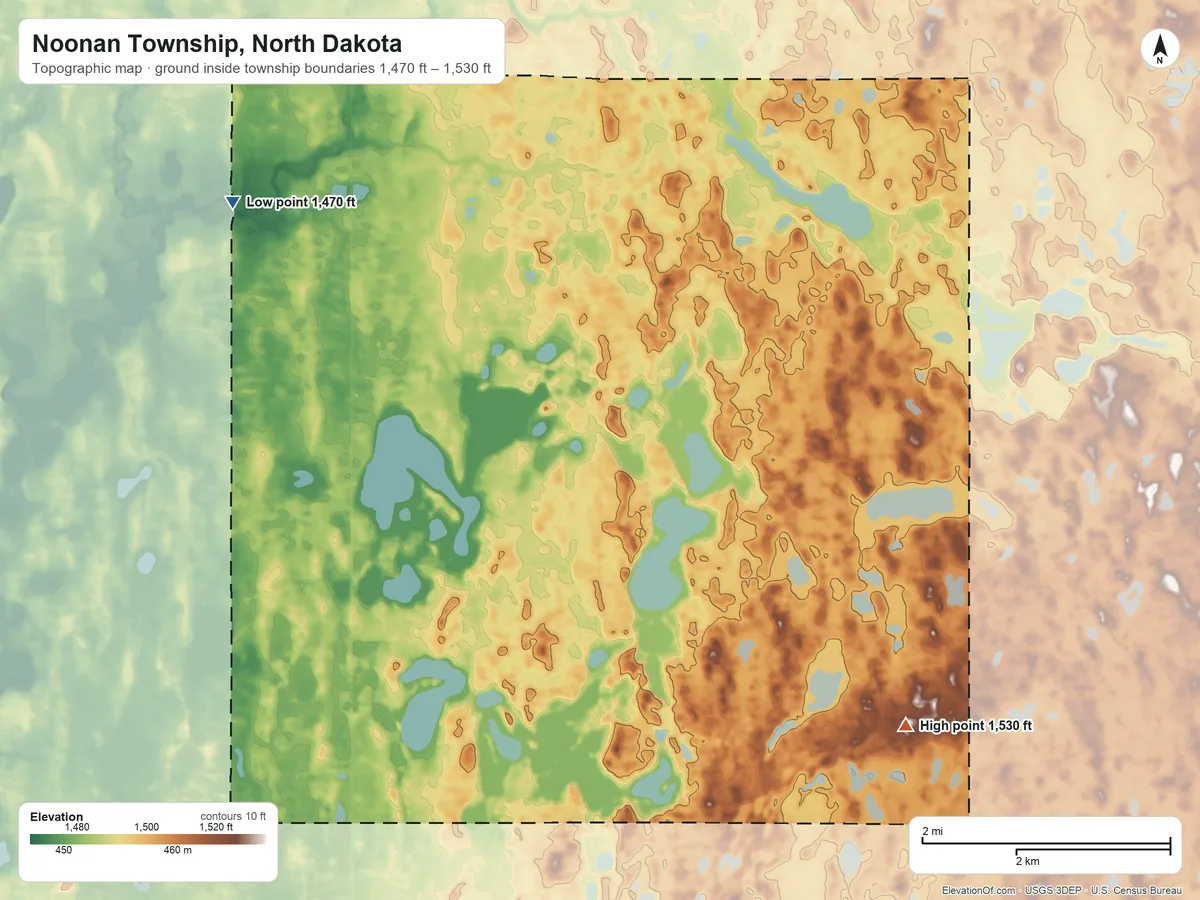 Topographic elevation map of Noonan Township, North Dakota, shaded from 1,470 ft on the northwest side to 1,530 ft on the southeast side