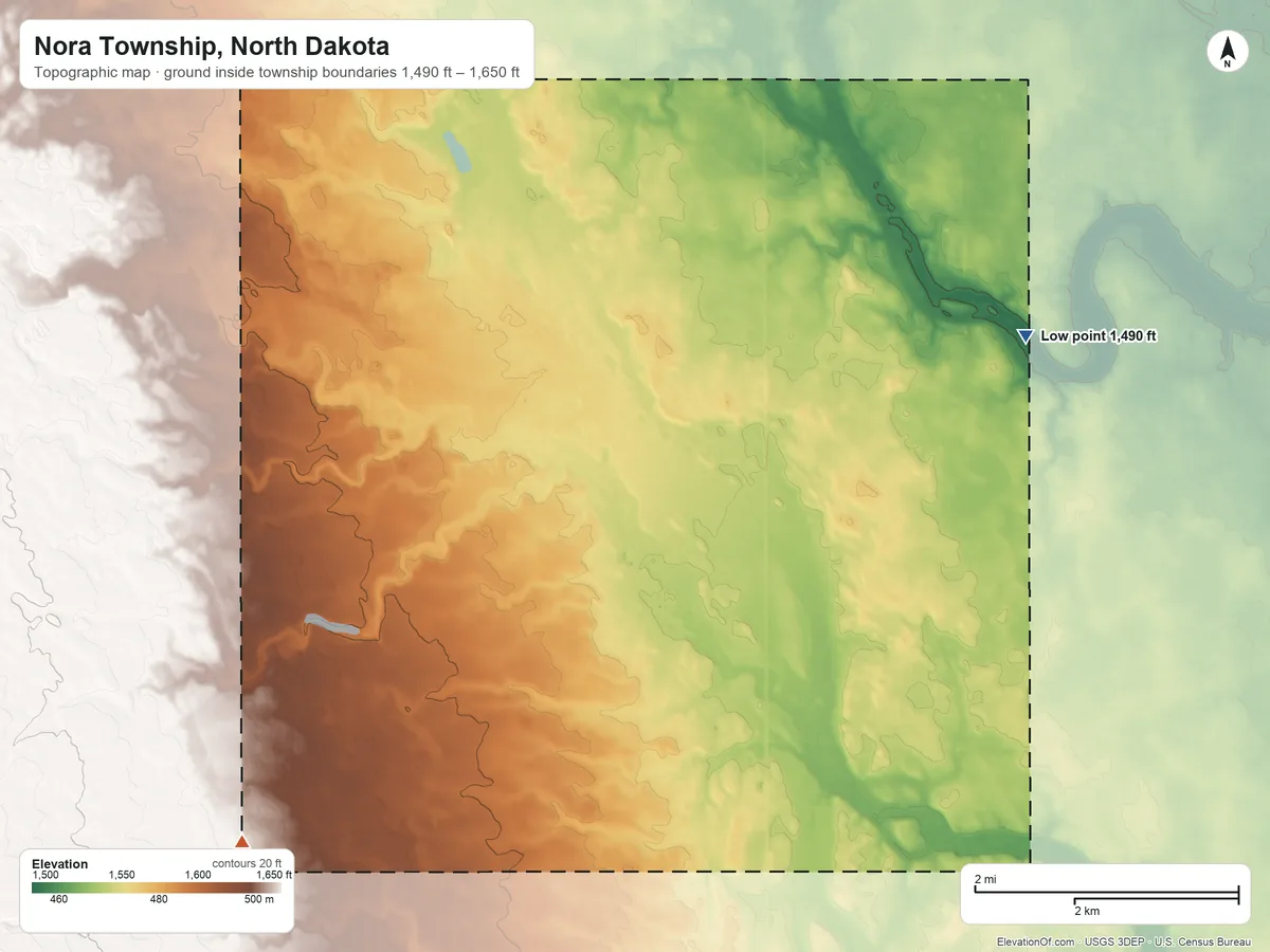Topographic elevation map of Nora Township, North Dakota, shaded from 1,490 ft on the northeast side to 1,650 ft on the southwest side