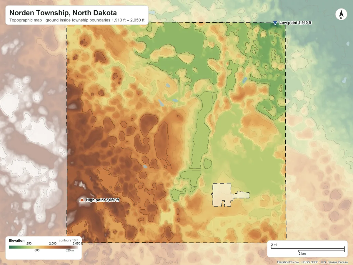 Topographic elevation map of Norden Township, North Dakota, shaded from 1,910 ft on the northeast side to 2,050 ft on the southwest side