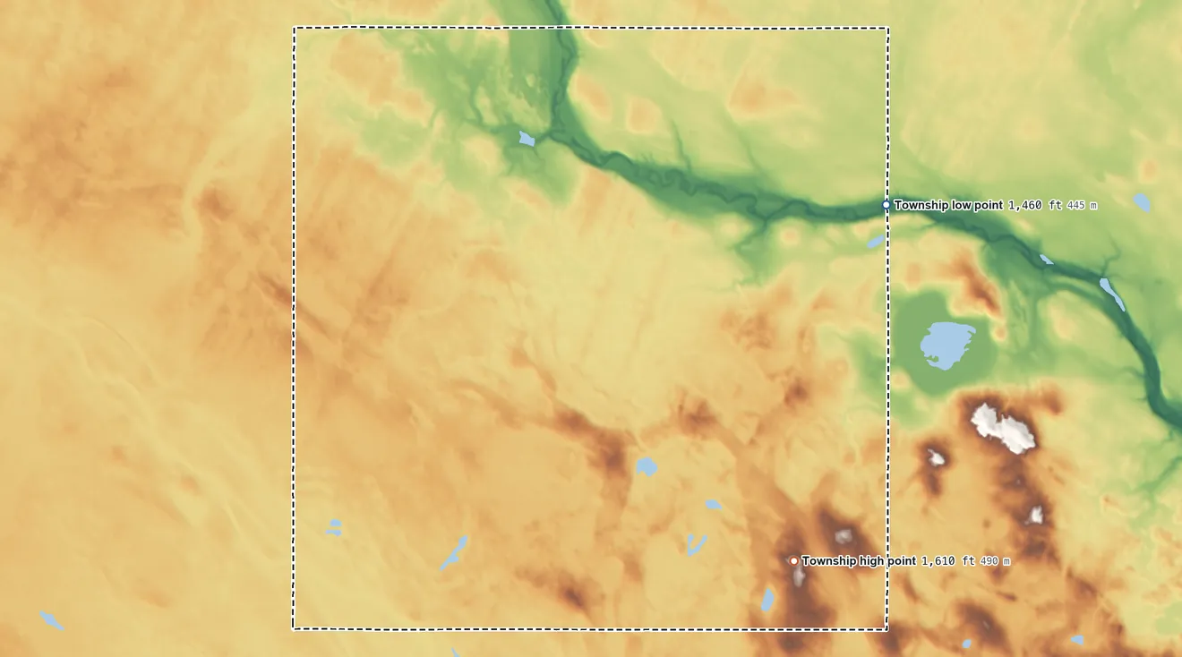 Topographic elevation map of Nordmore Township, North Dakota, shaded from 1,460 ft on the northeast side to 1,610 ft on the southeast side