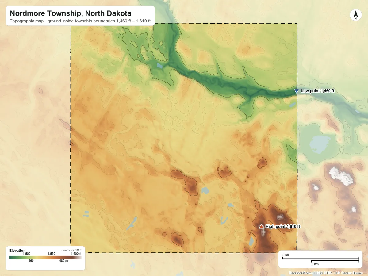 Topographic elevation map of Nordmore Township, North Dakota, shaded from 1,460 ft on the northeast side to 1,610 ft on the southeast side