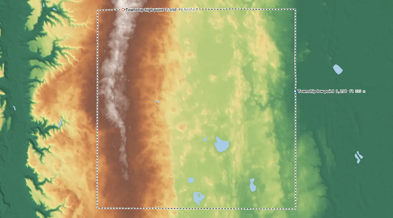 Topographic elevation map of Norma Township, North Dakota, shaded from 1,290 ft on the east side to 1,490 ft on the northwest side
