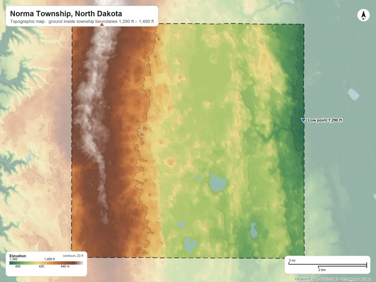 Topographic elevation map of Norma Township, North Dakota, shaded from 1,290 ft on the east side to 1,490 ft on the northwest side