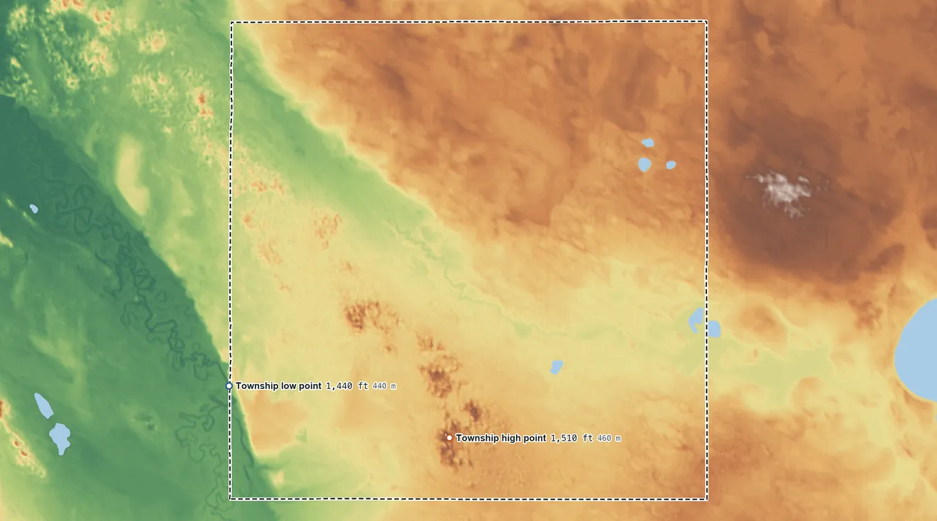 Topographic elevation map of Normal Township, North Dakota, shaded from 1,440 ft on the southwest side to 1,510 ft on the south side