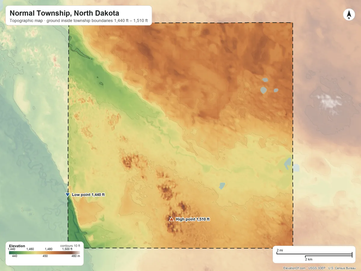 Topographic elevation map of Normal Township, North Dakota, shaded from 1,440 ft on the southwest side to 1,510 ft on the south side