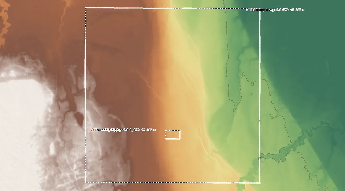 Topographic elevation map of Norman Township, North Dakota, shaded from 970 ft on the northeast side to 1,130 ft on the west side