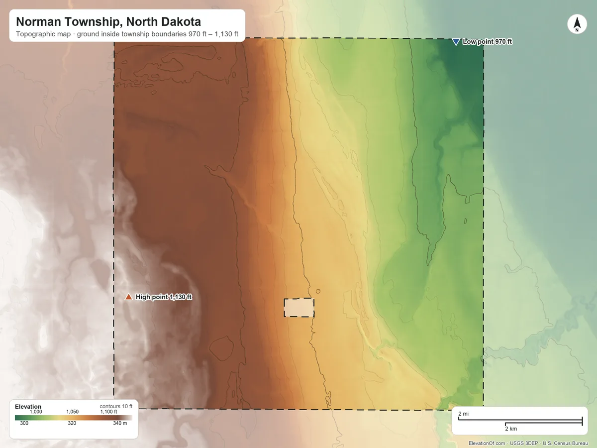 Topographic elevation map of Norman Township, North Dakota, shaded from 970 ft on the northeast side to 1,130 ft on the west side