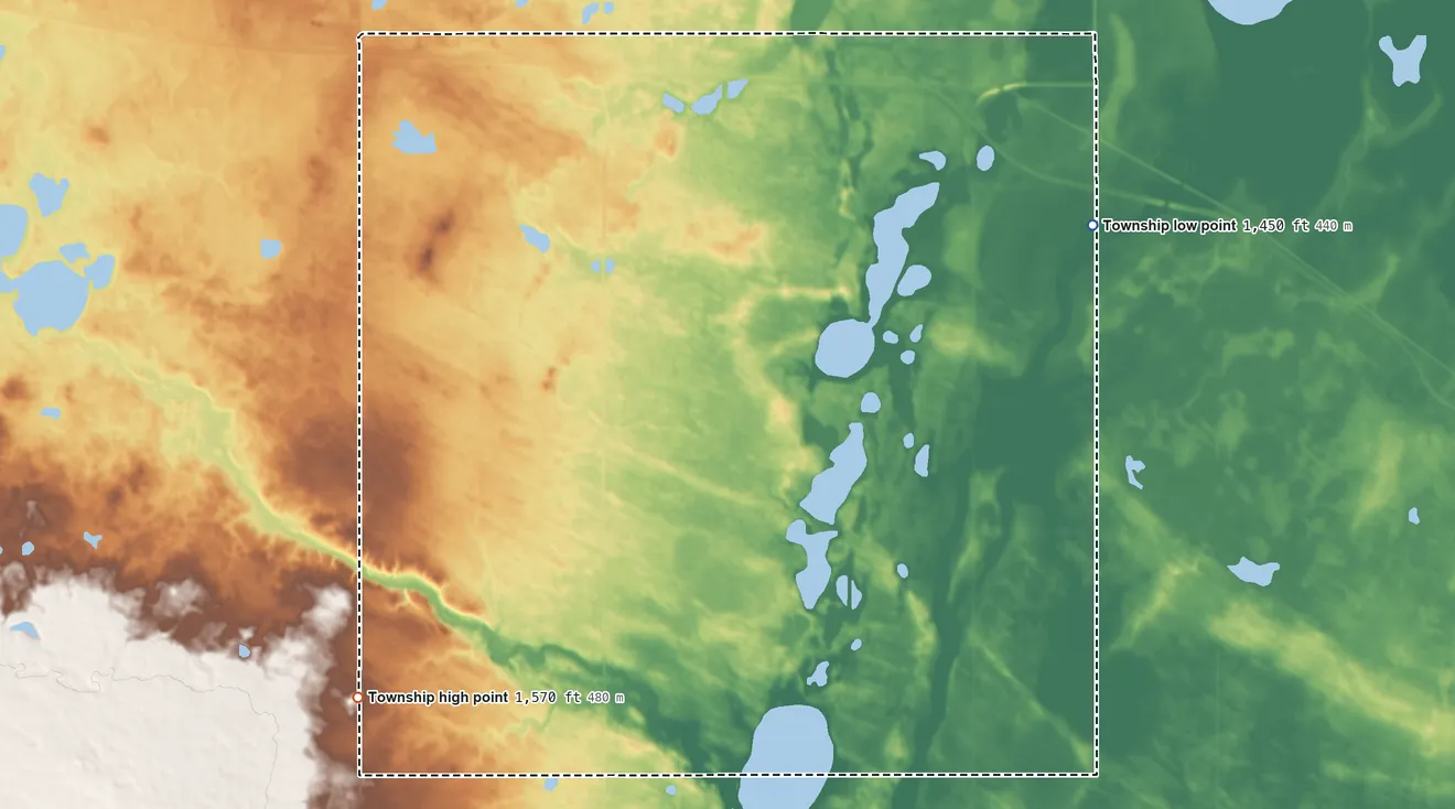Topographic elevation map of Normania Township, North Dakota, shaded from 1,450 ft on the east side to 1,570 ft on the southwest side