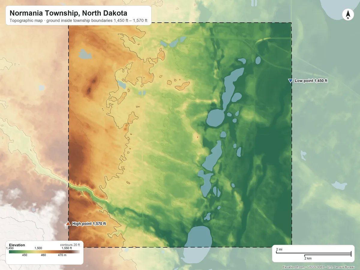 Topographic elevation map of Normania Township, North Dakota, shaded from 1,450 ft on the east side to 1,570 ft on the southwest side