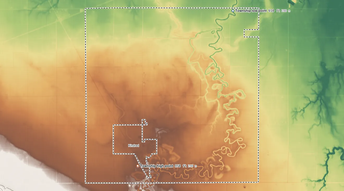 Topographic elevation map of Normanna Township, North Dakota, shaded from 910 ft on the northeast side to 950 ft on the southwest side