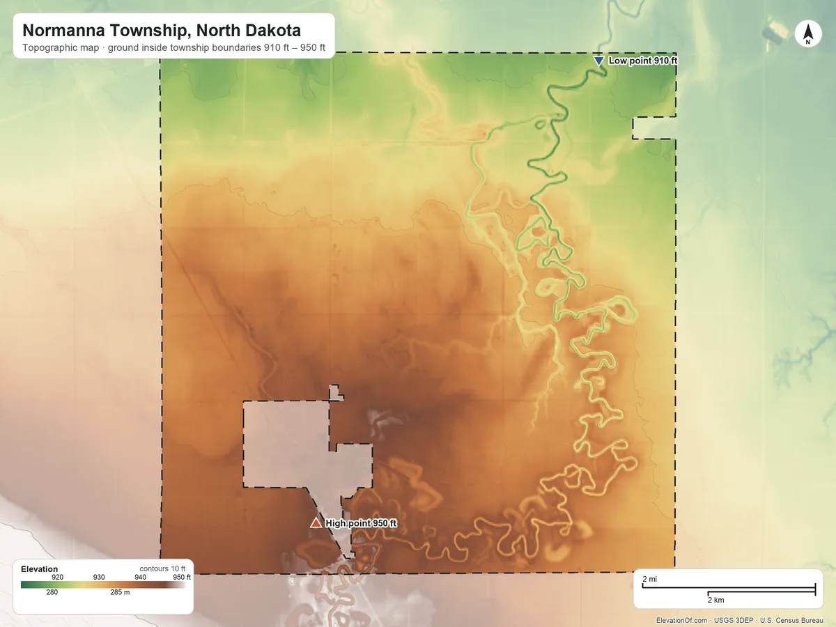 Topographic elevation map of Normanna Township, North Dakota, shaded from 910 ft on the northeast side to 950 ft on the southwest side