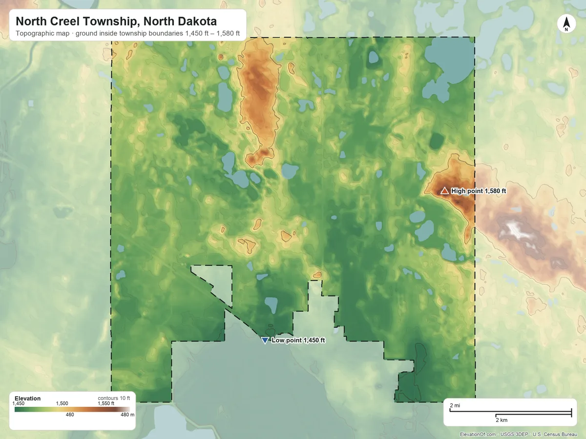 Topographic elevation map of North Creel Township, North Dakota, shaded from 1,450 ft on the southwest side to 1,580 ft on the northeast side