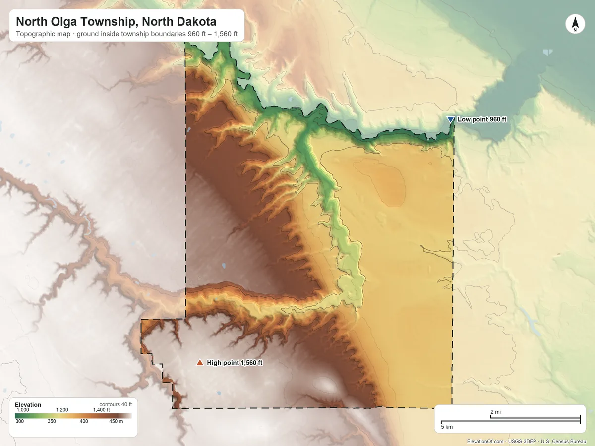 Topographic elevation map of North Olga Township, North Dakota, shaded from 960 ft on the northeast side to 1,560 ft on the southwest side