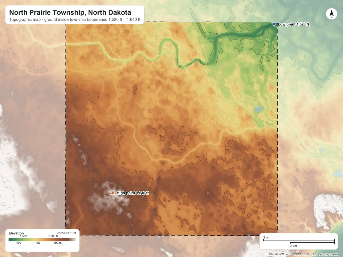 Topographic elevation map of North Prairie Township, North Dakota, shaded from 1,520 ft on the northeast side to 1,640 ft on the southwest side