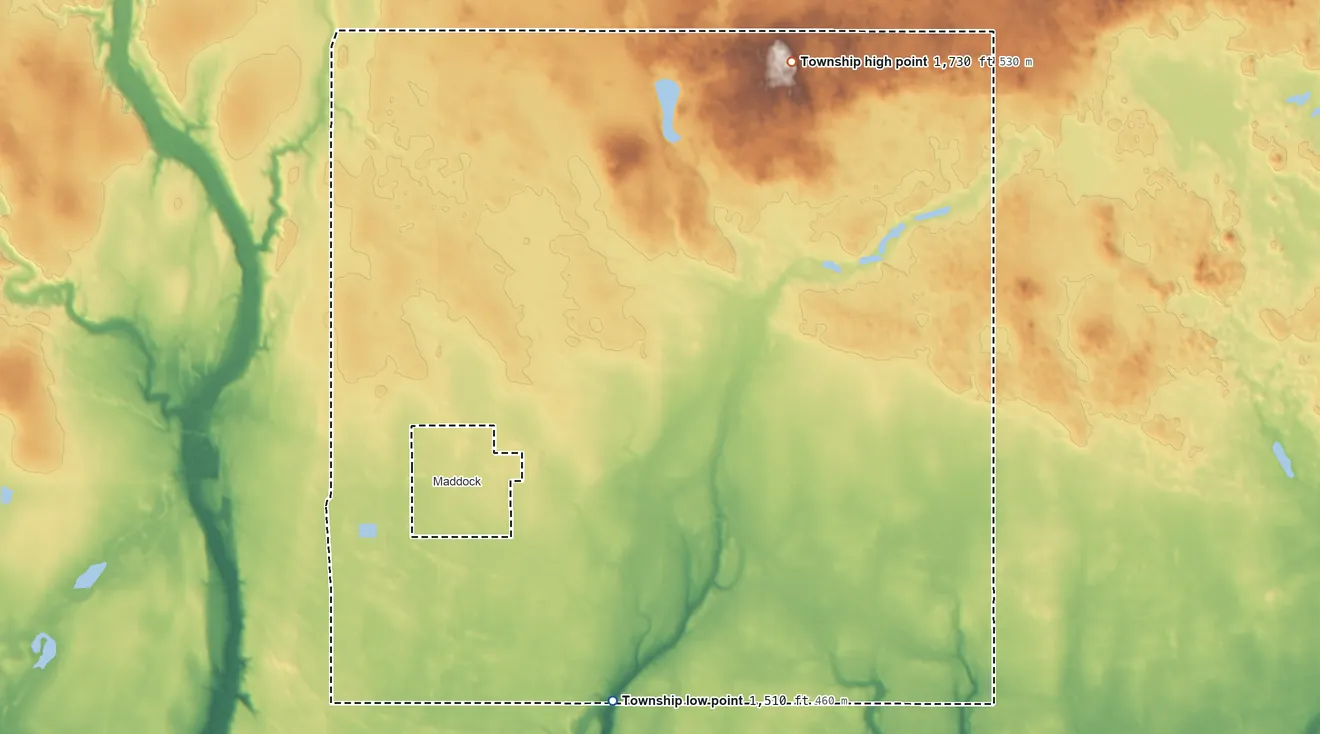Topographic elevation map of North Viking Township, North Dakota, shaded from 1,510 ft on the south side to 1,730 ft on the northeast side