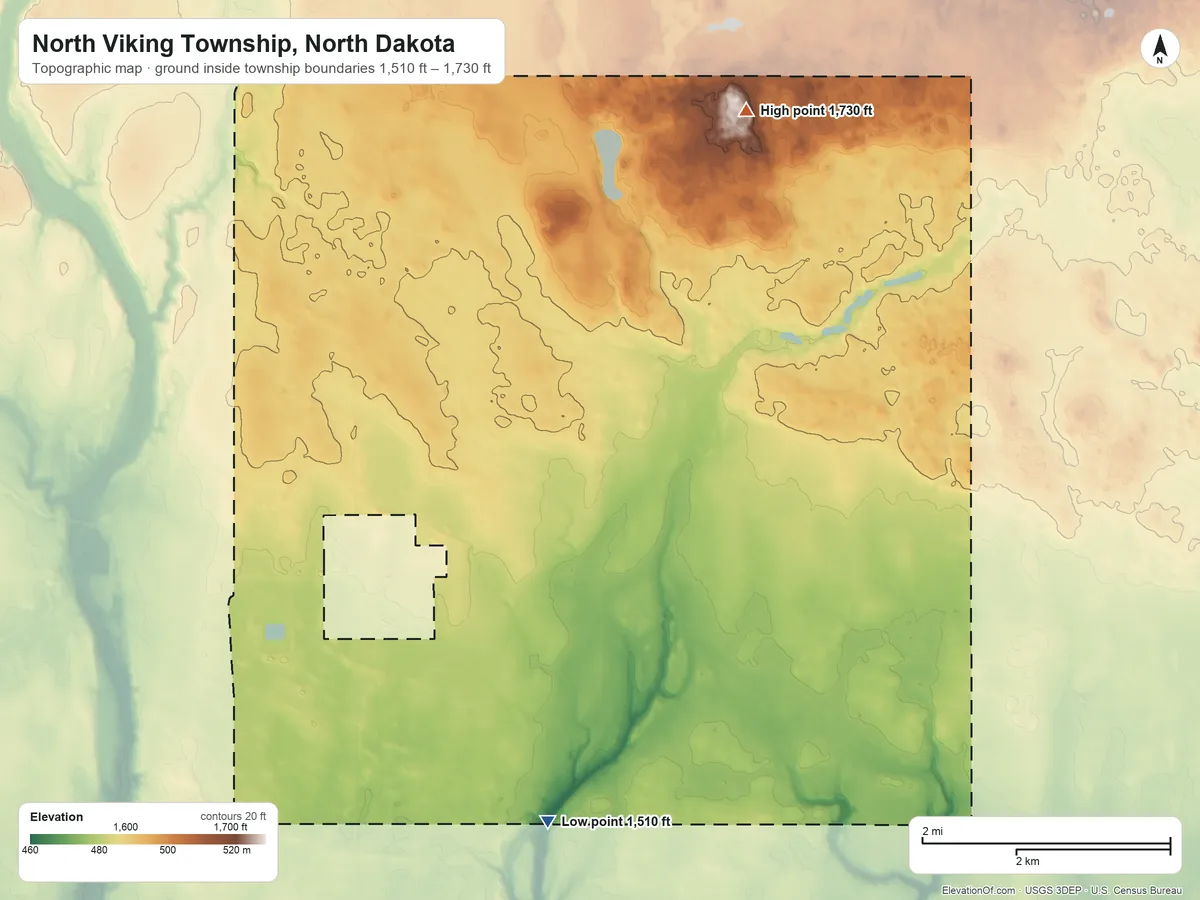 Topographic elevation map of North Viking Township, North Dakota, shaded from 1,510 ft on the south side to 1,730 ft on the northeast side