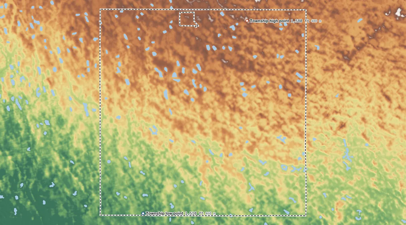 Topographic elevation map of Northfield Township, North Dakota, shaded from 1,510 ft on the southwest side to 1,580 ft on the northeast side