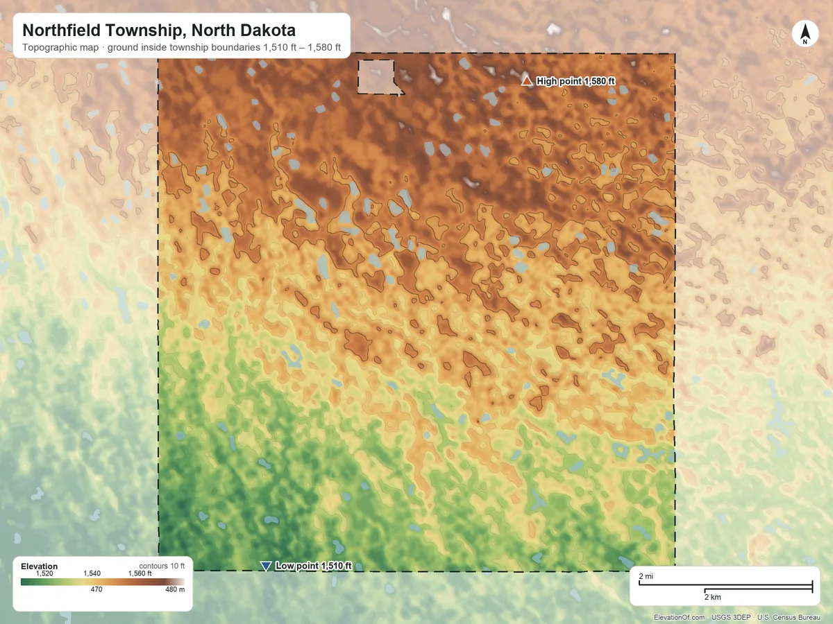 Topographic elevation map of Northfield Township, North Dakota, shaded from 1,510 ft on the southwest side to 1,580 ft on the northeast side