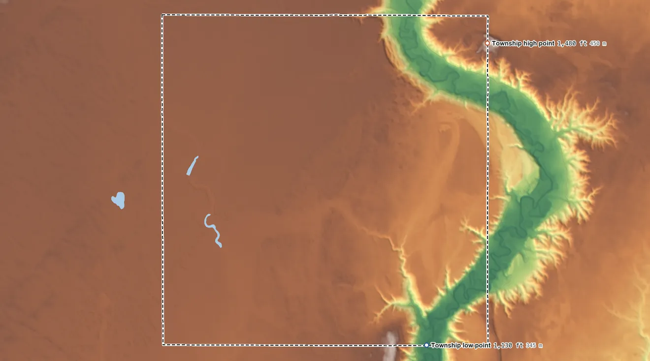 Topographic elevation map of Northland Township, North Dakota, shaded from 1,130 ft on the southeast side to 1,480 ft on Standing Rock Hill