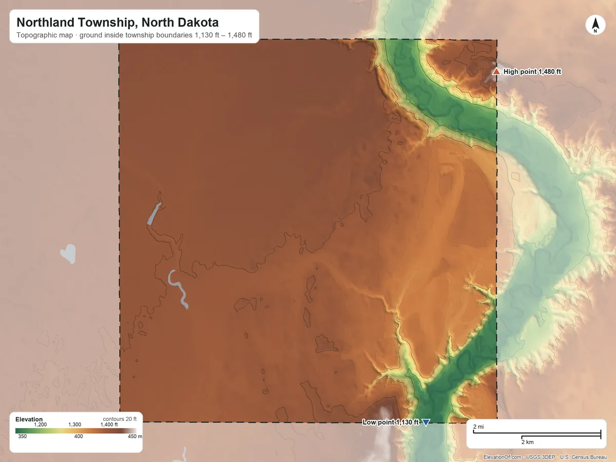 Topographic elevation map of Northland Township, North Dakota, shaded from 1,130 ft on the southeast side to 1,480 ft on Standing Rock Hill