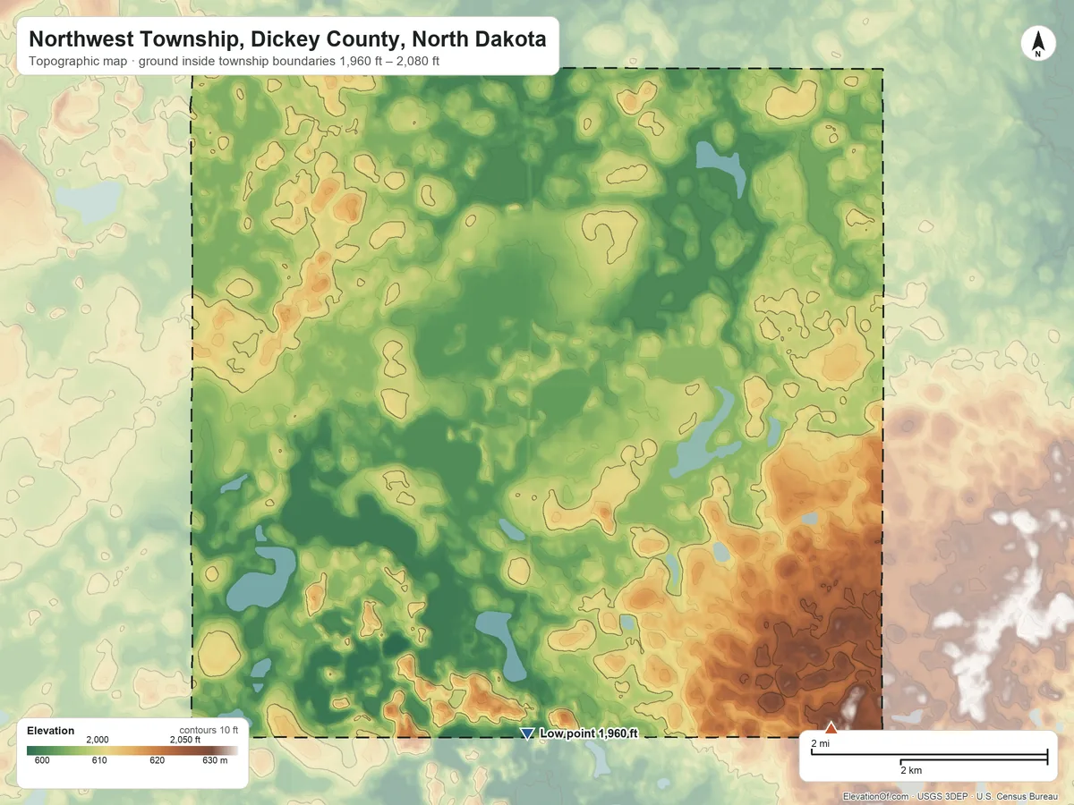 Topographic elevation map of Northwest Township, Dickey County, North Dakota, shaded from 1,960 ft on the southeast side to 2,080 ft on the east side