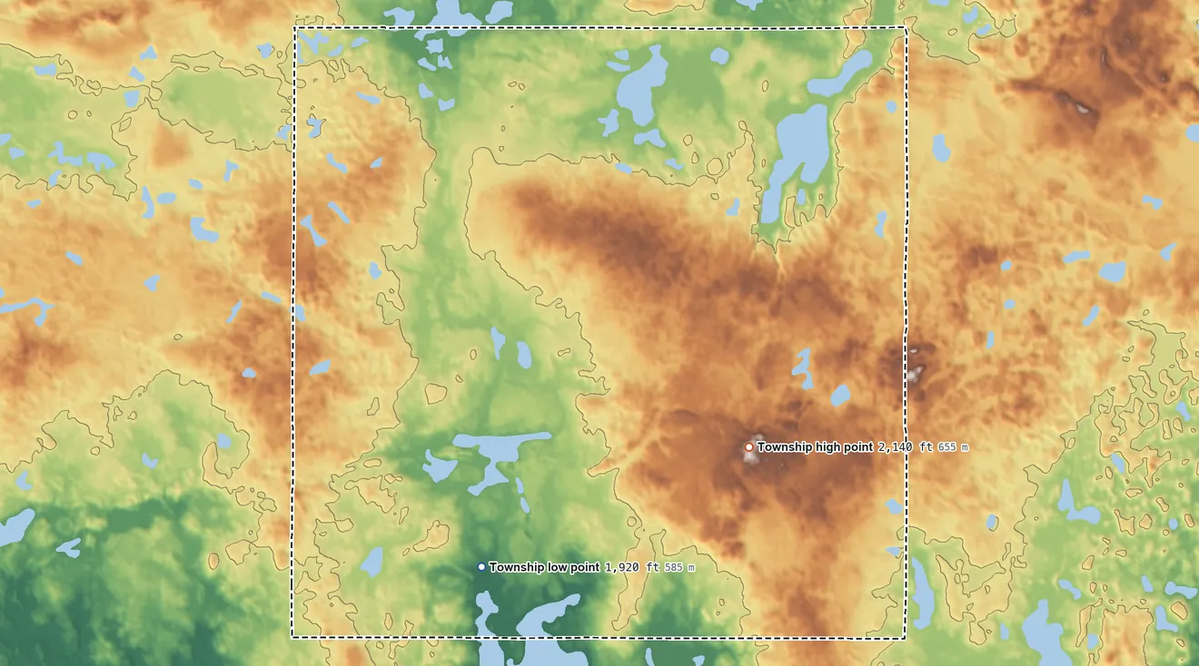 Topographic elevation map of Northwest Township, North Dakota, shaded from 1,920 ft on the south side to 2,140 ft on the southeast side