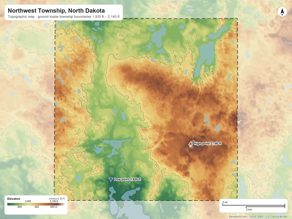 Topographic elevation map of Northwest Township, North Dakota, shaded from 1,920 ft on the south side to 2,140 ft on the southeast side