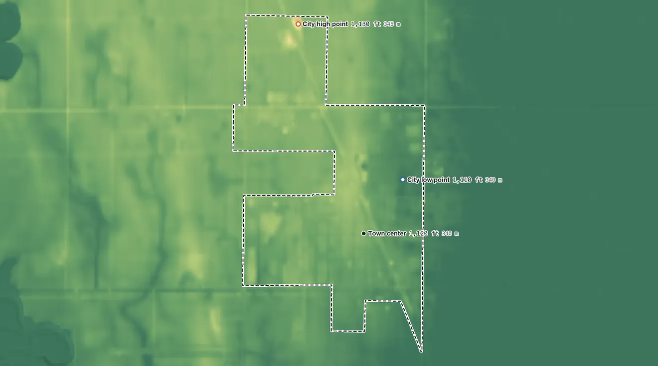 Topographic elevation map of Northwood, North Dakota, shaded from 1,110 ft on the northeast side to 1,130 ft on the north side