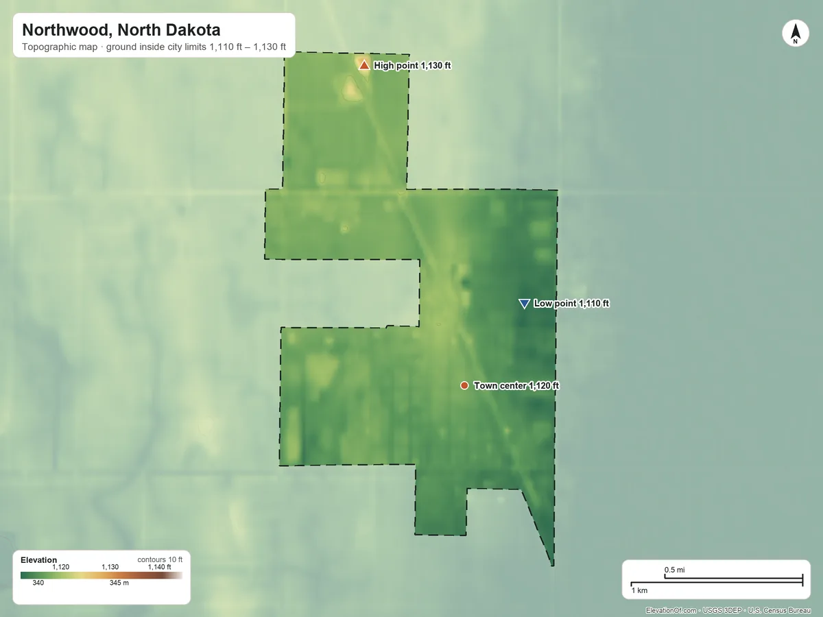 Topographic elevation map of Northwood, North Dakota, shaded from 1,110 ft on the northeast side to 1,130 ft on the north side