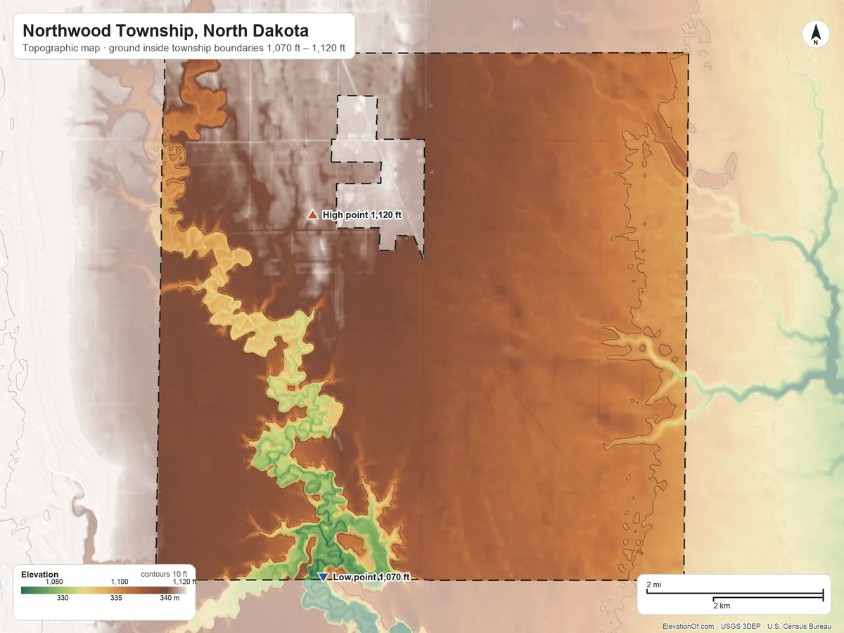 Topographic elevation map of Northwood Township, North Dakota, shaded from 1,070 ft on the south side to 1,120 ft on the northwest side